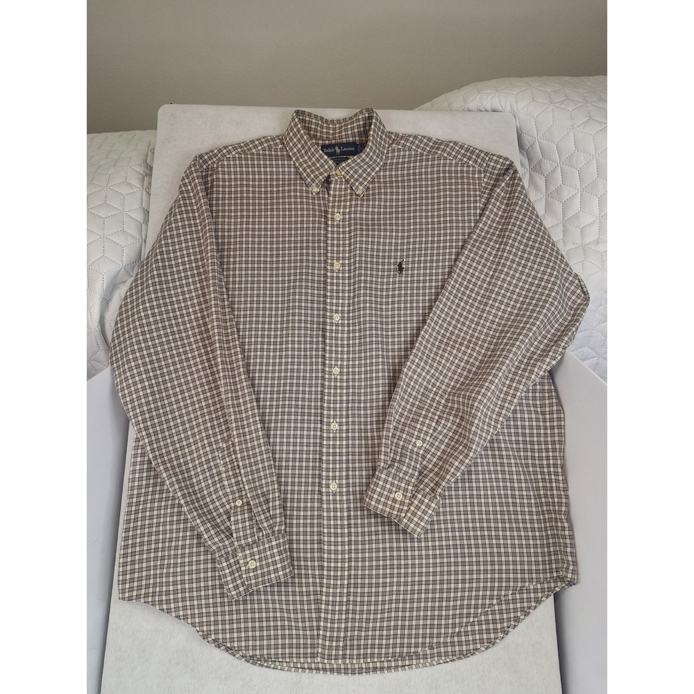 Polo Ralph Lauren YARMOUTH Vintage 90s Oxford Tan GINGHAM Plaid Sz 17 34/35